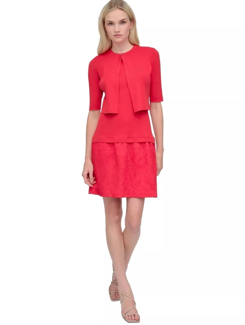 DKNY Coral-Red Mini Dress with Knit Bodice and Textured Skirt